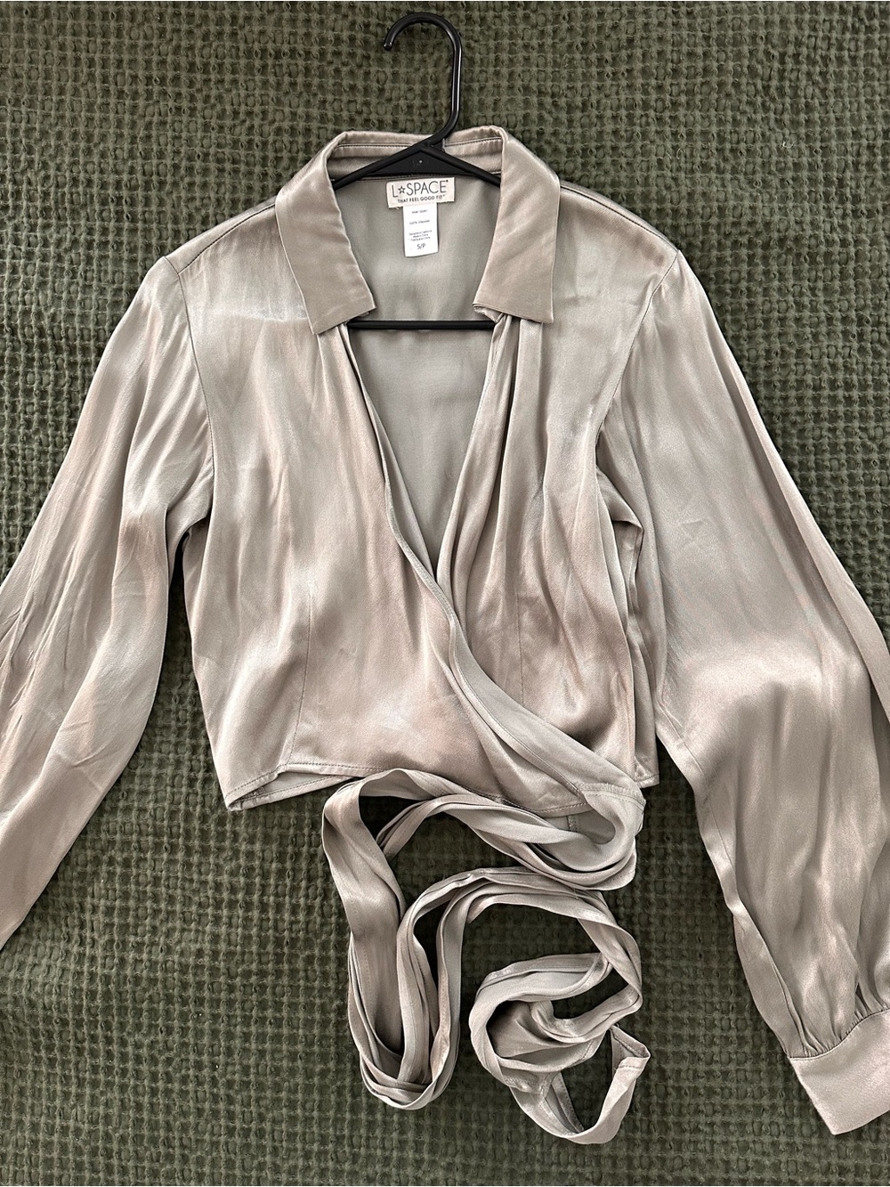 LSPACE Olive Satin Wrap Blouse